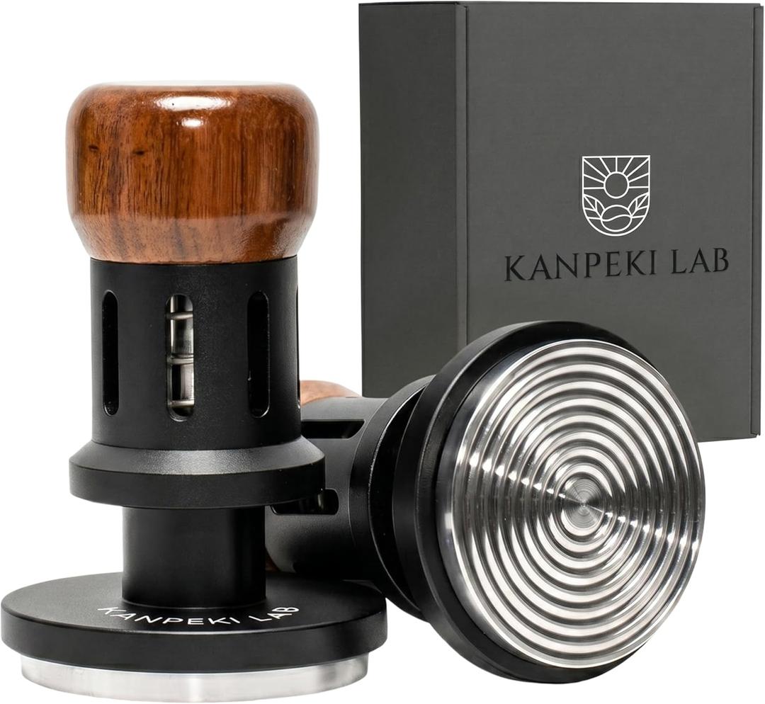 KNODOS 54mm Espresso Tamper For Breville Machines Calibrated Tamper Tool Espresso Walnut, AutoLeveling and 30lb Spring Loaded Design Coffee Tamper With Stainless Steel 53.35mm Ripple Base