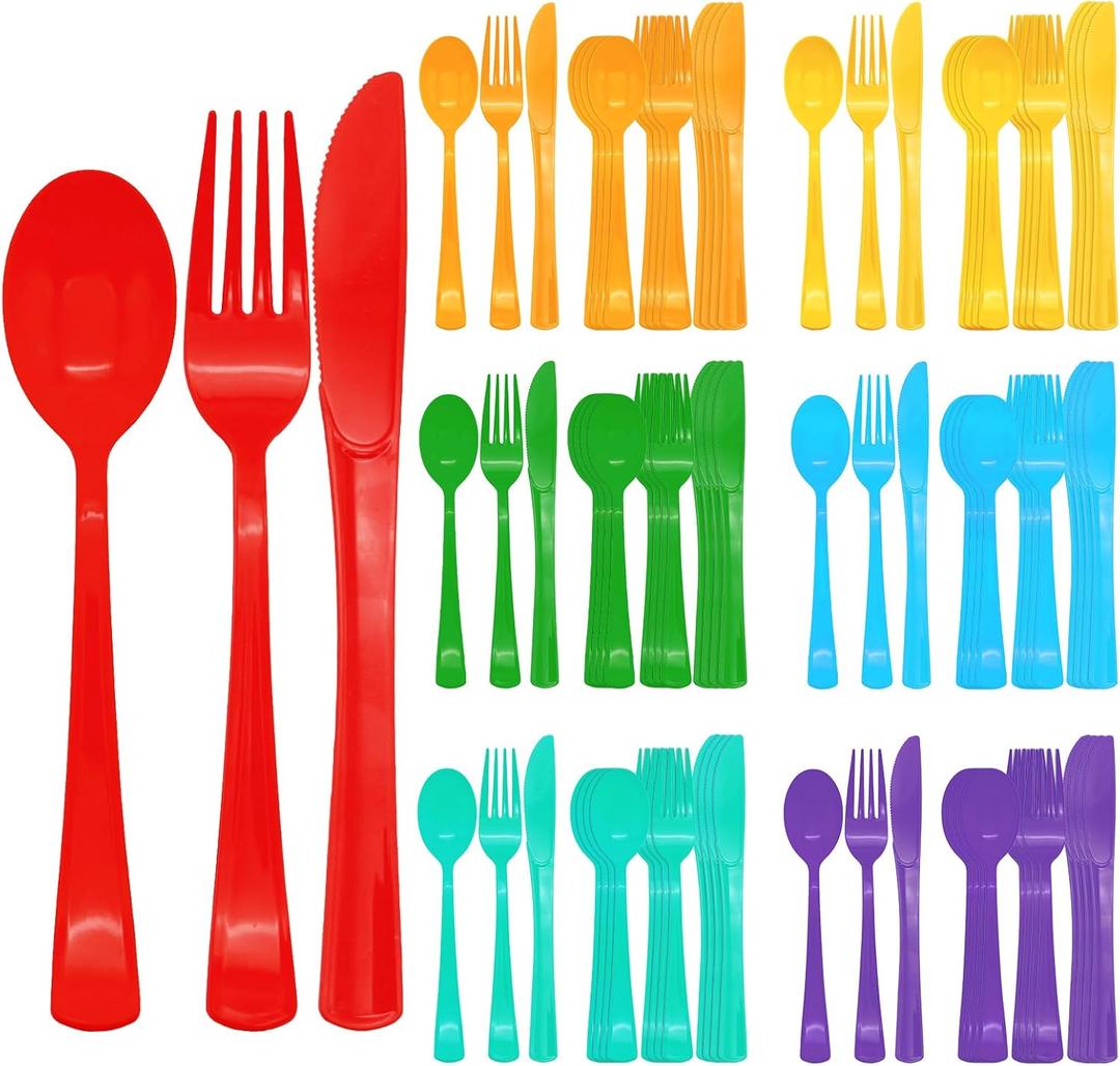 294 Pcs Neon Plastic Silverware Pastel Disposable Silverware Heavy Duty Colorfu Plastic Cutlery Set Includes 98Plastic Forks 98 Knives 98 Spoons for All Occasions7 Colors (300, Rainbow)