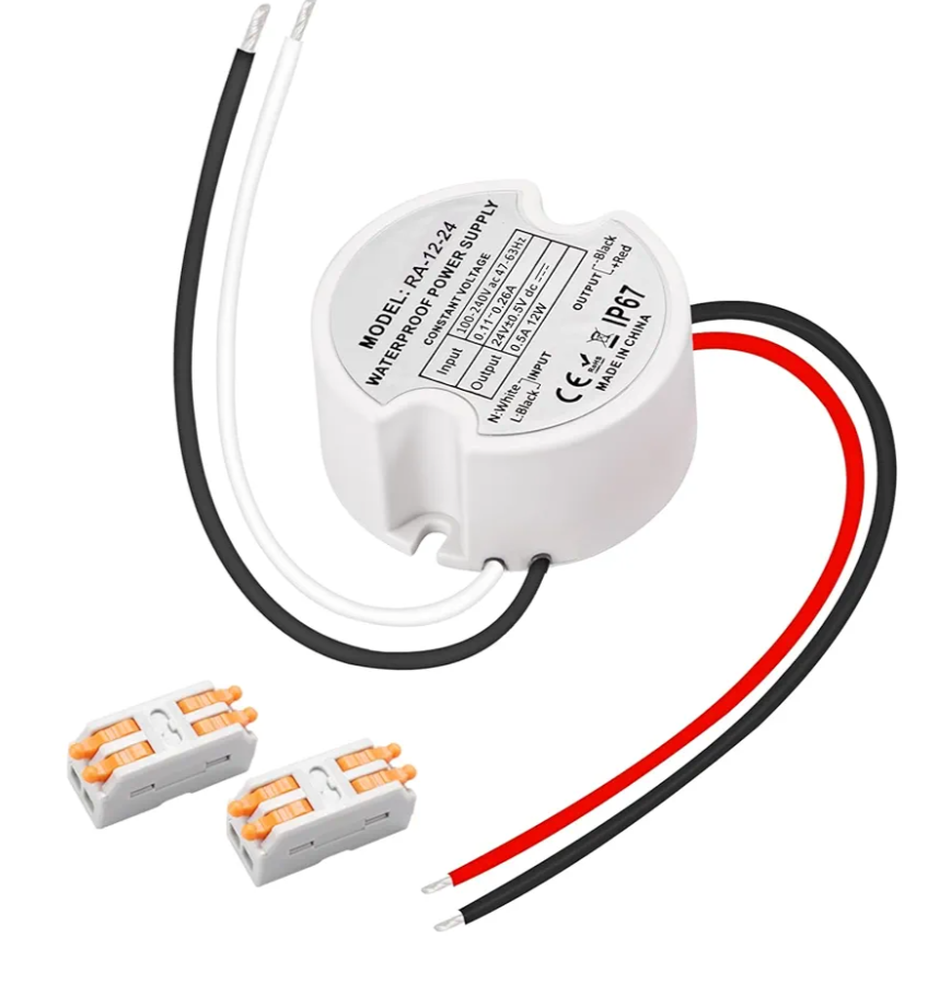 2 Pack Waterproof IP67 LED Driver 12 Watts, LED Power Supply 24V 0.5A, Round 120V to 24V Transformer for Indoor and Outdoor LED Lighting