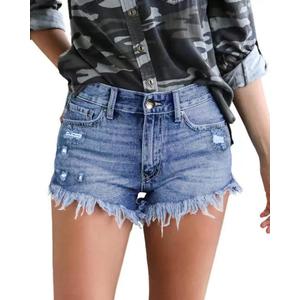Women's Sexy Stretchy Fabric Hot Pants Distressed Denim Jean Shorts (L)