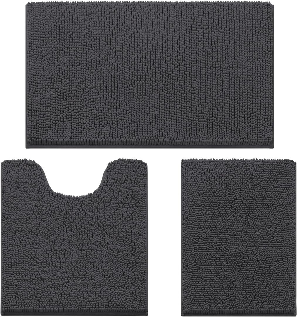 HOMEIDEAS 3 Pieces Bathroom Rugs, Ultra Soft Non Slip Absorbent Chenille Toilet Bath Mat Set,Grey-Dark Grey, 17"x24"+20"x32"+U Shape 20"x24"
