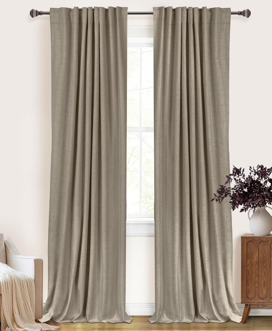 100% Blackout Shield Linen Blackout Curtains for Bedroom 90 Inches Long, Back Tab/Rod Pocket Living Room Drapes, Thermal Insulated Blackout Curtains 2 Panels Set, 50" W x 90" L, Faux Linen