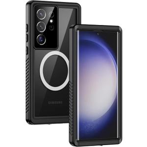 Lanhiem Magnetic for Samsung Galaxy S23 Ultra Case, IP68 Waterproof Dustproof, Built-in Screen Protector, Rugged Full Body Shockproof Cover for Galaxy S23 Ultra 5G 6.8 Inch, Black/Clear