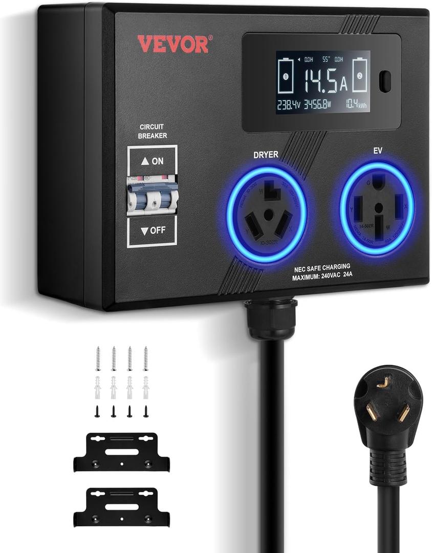 VEVOR NEMA Splitter for Dryer and EV, 3-Color LED Indicator, 240V Smart Power Distribution, with NEMA 10-30 Plug, 10-30 & 14-50 Outlets, Large 3.4-Inch LCD Screen, for Max 24A Dryer or EV