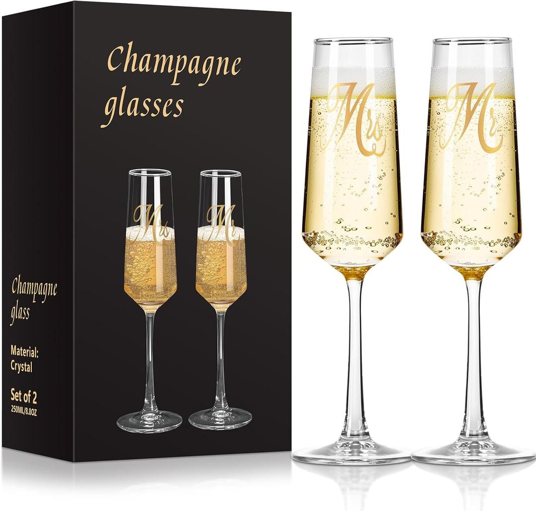 Mr and Mrs Champagne Flutes, Wedding Champagne Flutes Glass 9 oz, Champagne Glasses Set of 2, Bride and Groom Champagne Glasses, Mr and Mrs Gifts, Wedding Gifts Dishwasher Cleaning Christmas