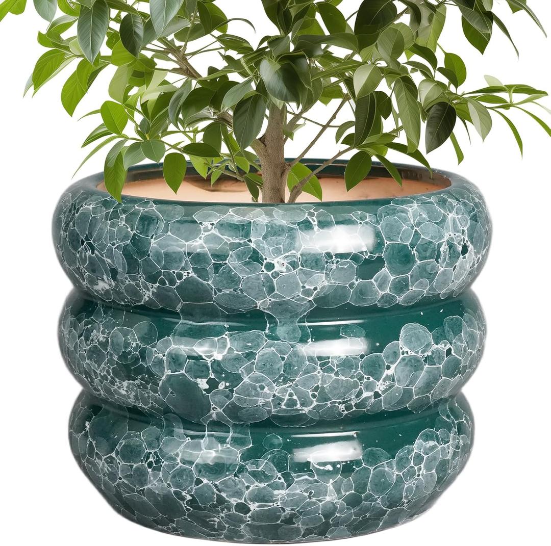 SQOWL Ceramic Planter for Indoor Plants - 10 Inch Plant Pot Indoor with Drainage Hole Large Pot for Plants Outdoor Flower Pot for Patio Decorations Outdoor Green Gemstone 