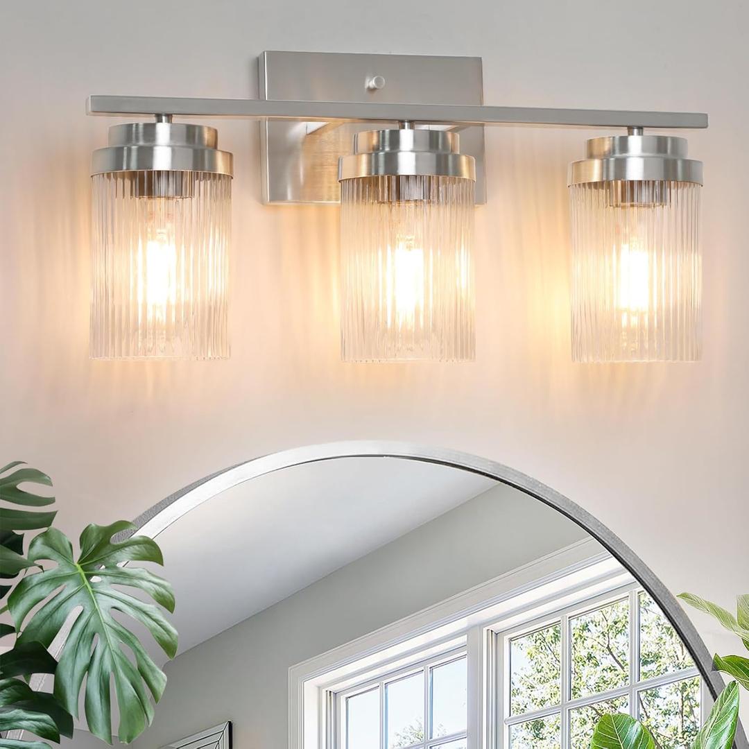 Modern Classic Brushed Nickel Vanity Light Fixture with Grooved Glass Shades, 18.9" L x 9.7" H, Ideal for Bathroom, Corridor, Entrance