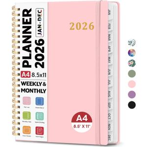 2026 Planner 8.5" x 11", Weekly and Monthly Calendar Planner Book, January 2026 - December 2026, Hardcover Spiral Planner with Monthly Tabs, Notes Pages, Perfect for Women & Men, A4 - Pink