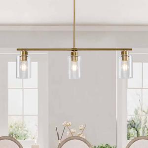 HuisMier 3 Lights Kitchen Island Lighting, Farmhouse Brushed Brass Pendant Light Fixtures with Clear Glass Shades, Modern Linear Island Lights for Kitchen Dining Room Bar Foyer
