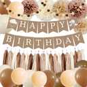 Birthday Decorations for Girls Boys, Brown Happy Birthday Banner with Felt Ball Garland Paper Pompoms Tassel Garland, Beige Cream Neutral Boho Birthday Party Balloons for Women Men Baby Shower