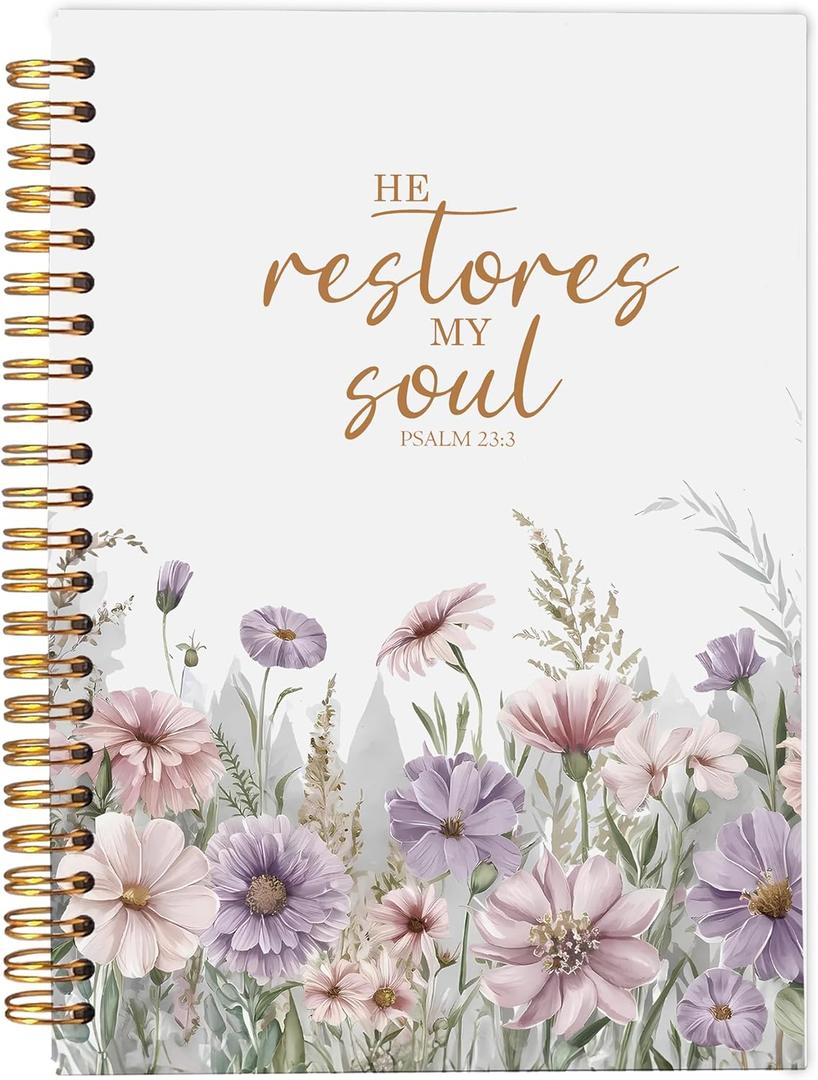 Christian Notebook for Women, Christian Art Gifts Journal, Prayer Journal for Women, Bible Journaling Notebook, PSALM 23:3 He Restores My Soul Floral Spiral Notebook 5.5x8.3