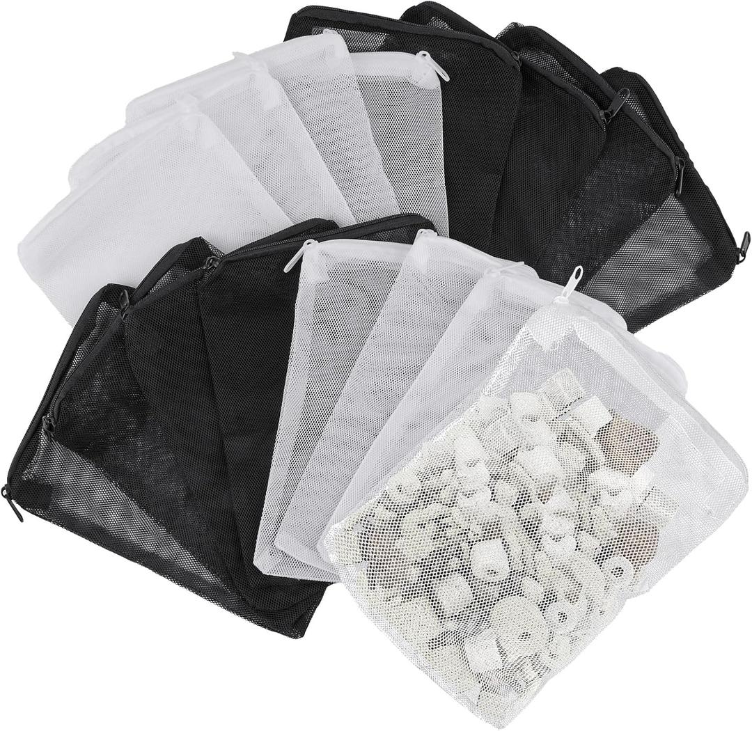 16 Pcs Aquarium Filter Media Bags Extra Fine, 7.8 x 5.9 Inch Filter Media Bag with Zipper, White & Black Aquarium Mesh Bag for Fish Tank Activated Carbon, Ceramic Rings