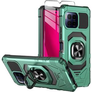 for T-Mobile REVVL 7 Pro 5G Phone Case with Tempered Glass Screen Protector,Military Grade Heavy Duty Shockproof Protective Cover,with Ring Kickstand for REVVL 7 Pro (Dark Green)