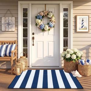 Duraaamo Nautical Navy White Stripe Outdoor Rug 2' X 3' USA 4th of July Door Mat Summer Navigation Welcome Doormat for 250 Anniversary Front Porch Patio Entryway Beach Modern Coastal House Decor