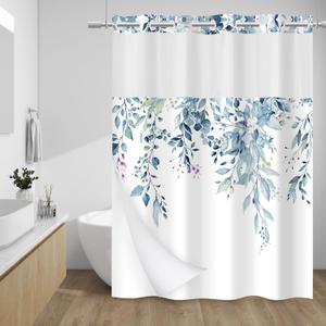No Hook Shower Curtain with Snap in Liner - Eucalyptus Shower Curtain - Fabric Waterproof Inner Liner, Plants Blue Leaves Modern Shower Curtains - Machine Washable, 71 x 80