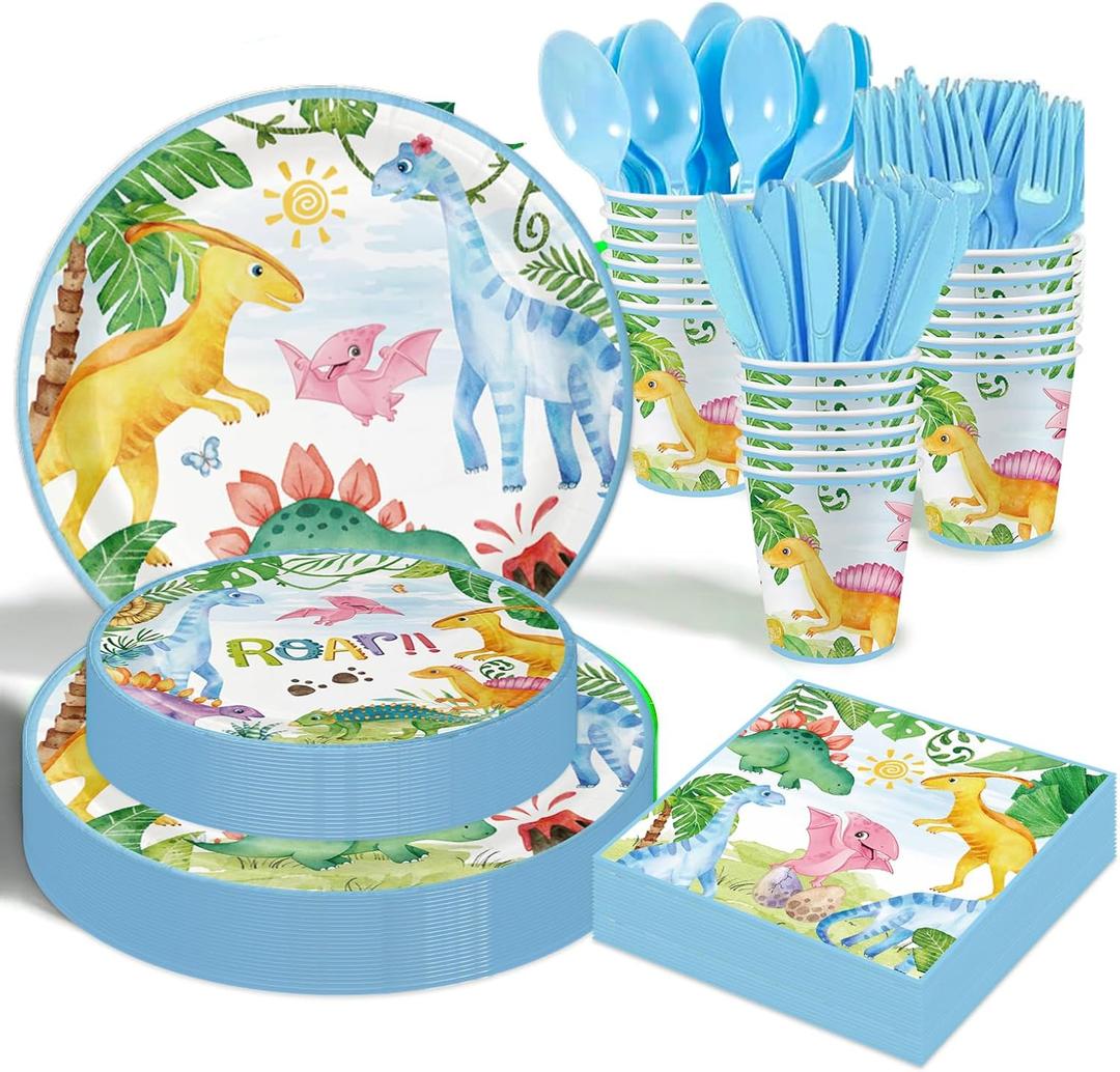 Dinosaur Birthday Party Supplies - 175PCS Dinosaur Themes Party Tableware Set, Bithday Disposable Paper Plates Cups and Napkins For Boys Kids Birthday Baby Shower Decorations, Serve 25