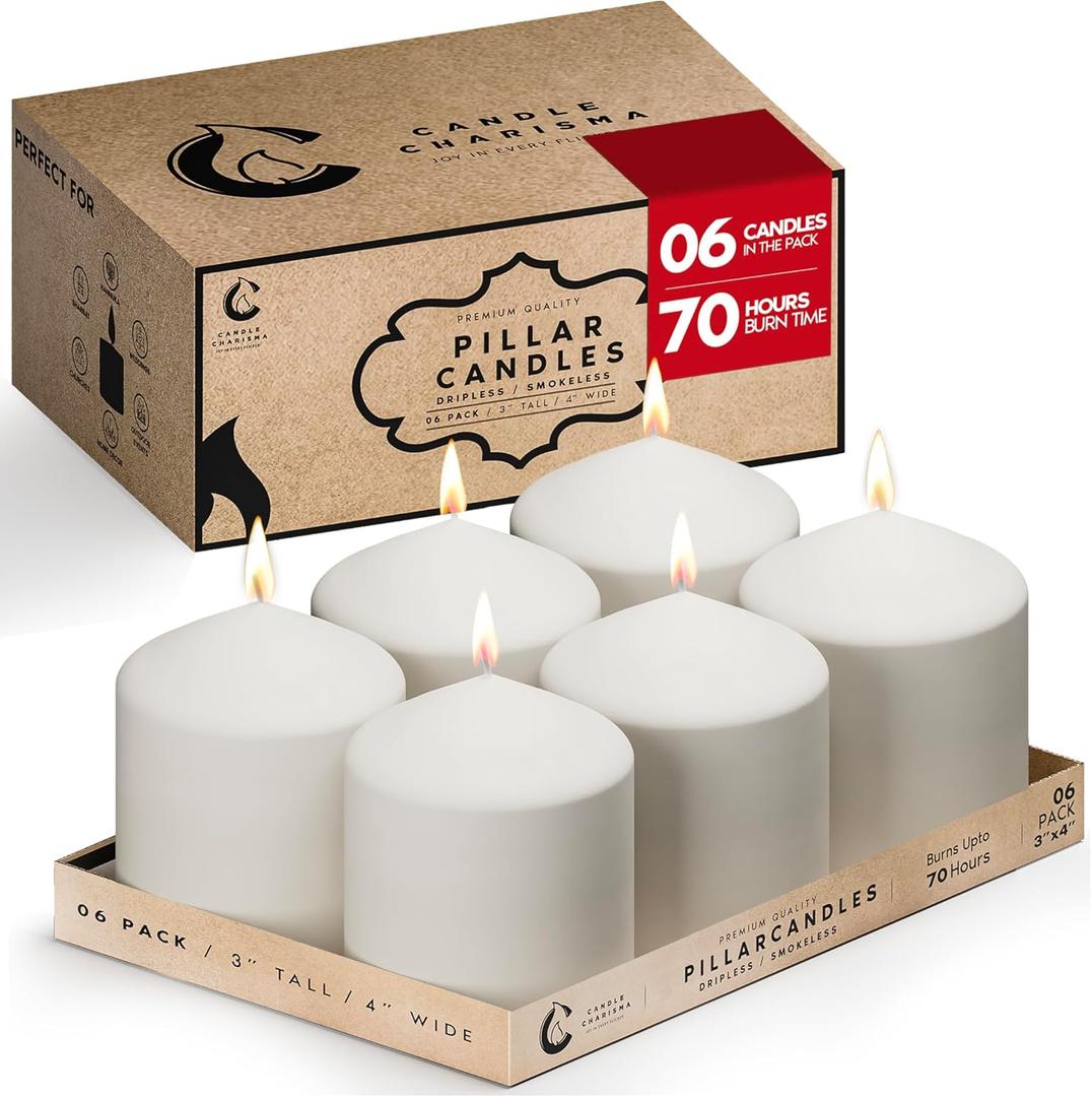 Candle Charisma White Pillar Candles Bulk Pack of 6  (3x4 Inch) Long-Lasting 70-Hour Burn, Dripless & Smokeless  Perfect for Hassle-Free Decor at Weddings, Fall Table Centerpieces & Special Events
