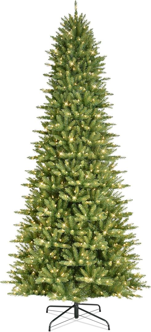 Puleo International 10ft Pre-Lit Slim Fraser Christmas Tree with 900 Warm White LED Lights, 2557 Realistic Dense Branch Tips, Easy Setup Artificial Trees with Sturdy Metal Stand