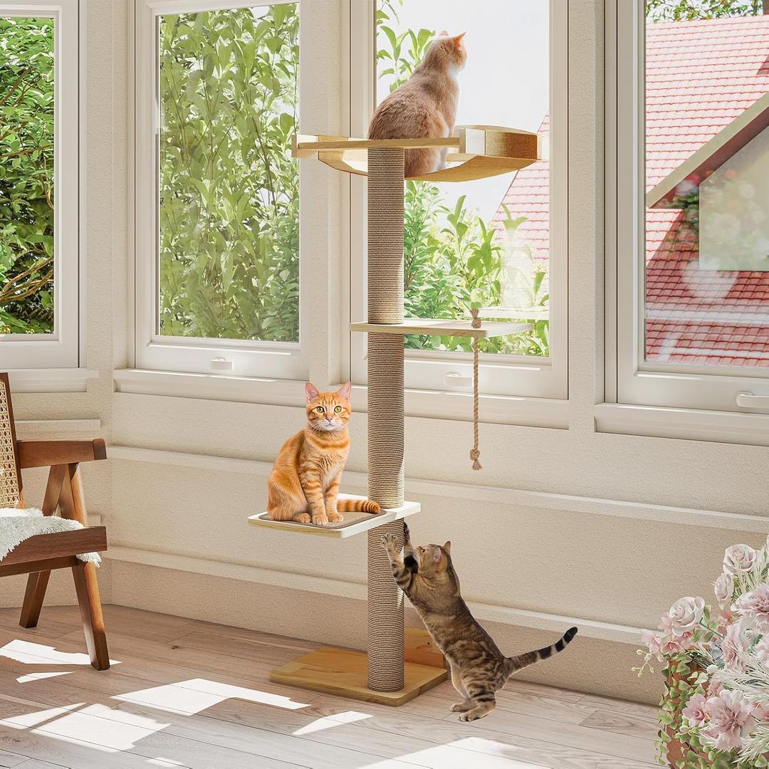 Yafylly Cat Window Perch with Scratching Post & Step, 47" Adjustable Window Perch for Large Cats, Cat Hammock for Window with Suction Cups, Multi-Level Cat Tree for Climbing, Sunbath, Bird Watching