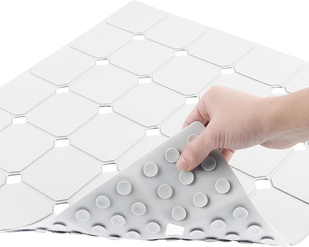 Shower Mat Non Slip 21"x21" Silicone Foldable Bath Mat with Suction Cups & Drain Holes, Odorless, Eco-Friendly & Durable, Machine Washable Shower Stall Mat for Adults, Seniors White