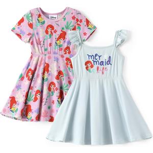 Disney Frozen Princess Stitch Minnie Girl Dresses 2 Pack Ruffle Short Sleeve Soft Bamboo Viscose Summer Outfit Baby-Toddler (4-5T, Ariel-pink)