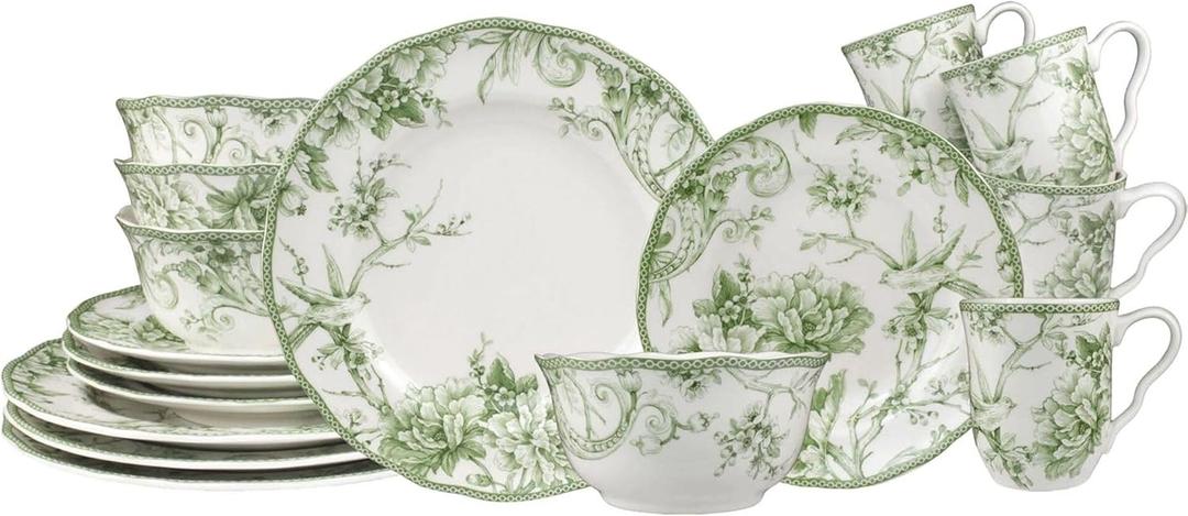 222 Fifth Adelaide Moss 16-Piece Porcelain Dinnerware Set  Service for 4, Plates, Bowls & Mugs, Hand-Applied Decal, Microwave & Dishwasher Safe, for Everyday Dining & Entertainment