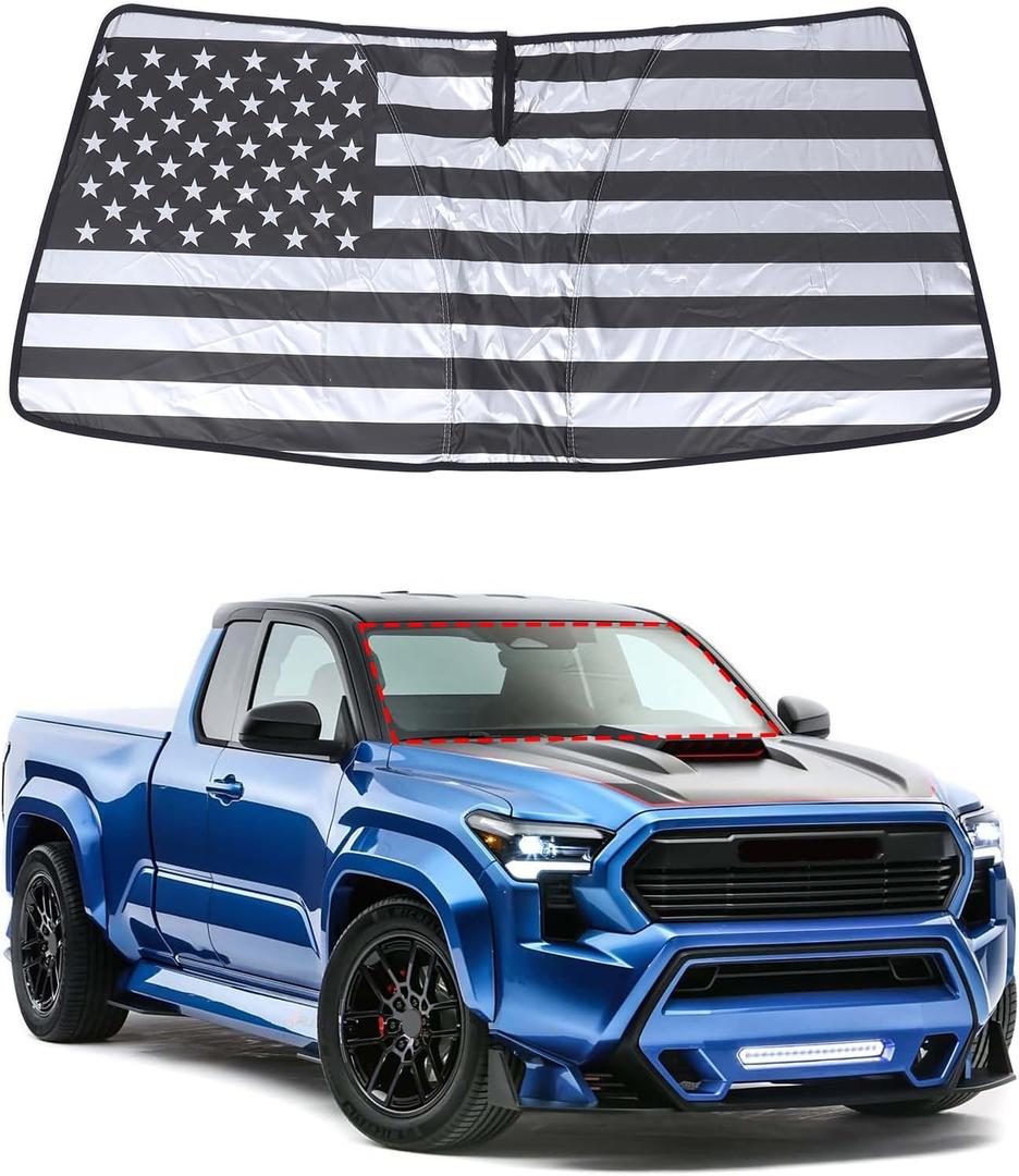 Daeiclru Windshield Sun Shade Fit for Toyota Tacoma 2024 2025, Foldable Front Window Sunshade Protector, Pickup Sun Heat and UV Rays Blocker Keep Your Vehicle Cool Accessories (American Flag Pattern)
