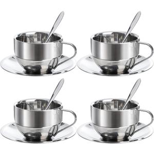 Okllen 4 Pack Stainless Steel Coffee Cup Set, 6 Oz Coffee Mugs with Spoon and Saucer, Double Walled Espresso Cups Mugs for Coffee, Latte,Tea, Milk