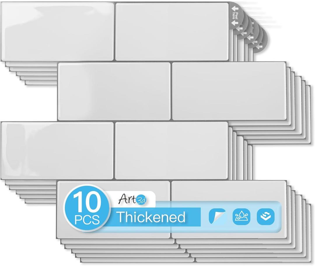 Art3d 10-Pack Heavy-Duty Peel and Stick Backsplash, 12.6 x 10.6 Inch Stick on Wall Tiles for Kitchen Bathroom Countertop Decor, Warm White with Gray Grout