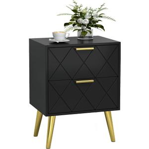 Nightstand with 2 Drawers, Black Bedside Table, Side Table with Gold Legs, Modern Style Night Stand End Table Drawer Dresser for Living Room Bedroom MLBZ09BU