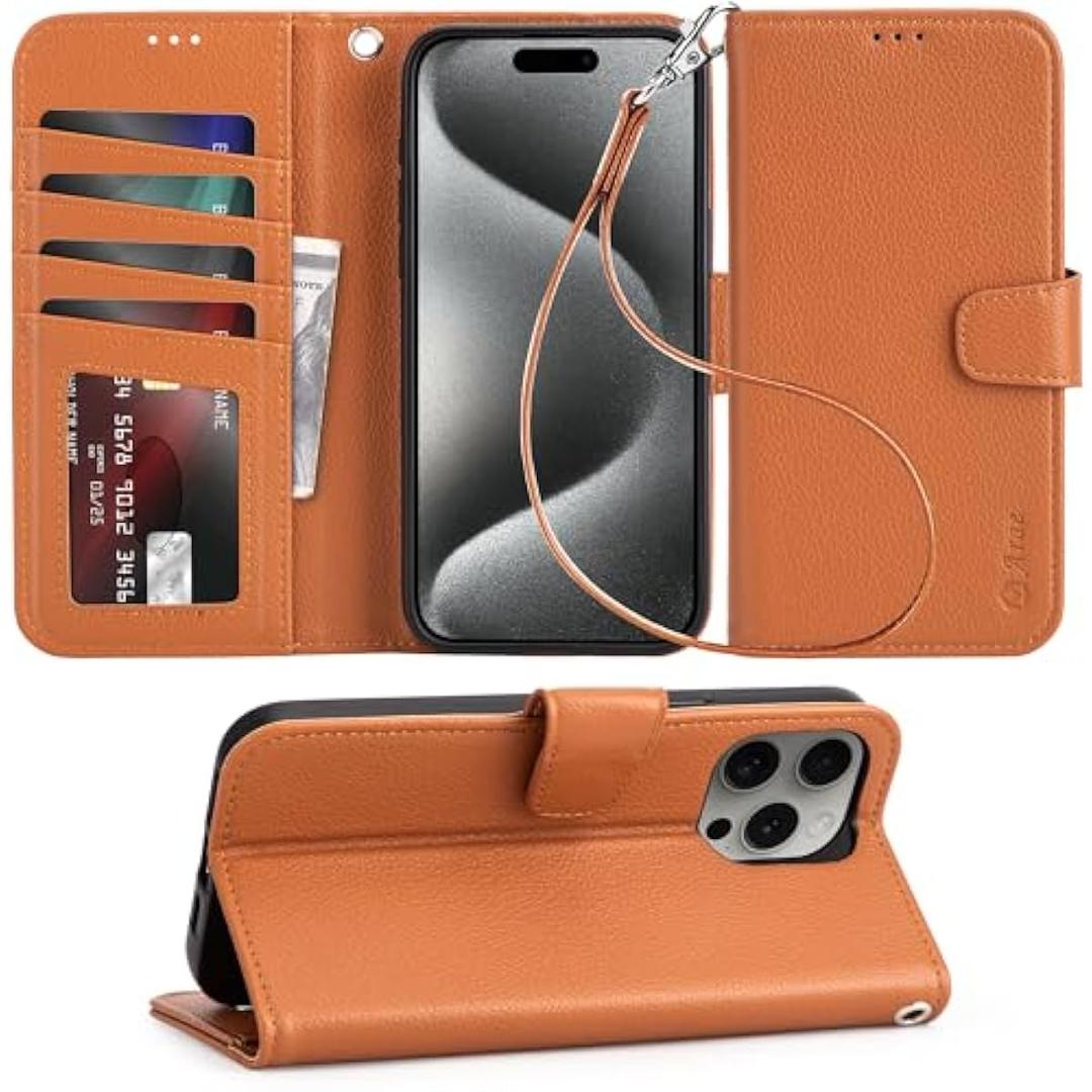 Arae Compatible with iPhone 15 Pro Max Case with Card Holder and Wrist Strap Wallet Flip Cover for iPhone 15 Pro Max 6.7 inch , Light Brown