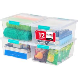 IRIS USA 12 Qt. Craft Storage Bins with Lids, 4-Pack, |Made in USA|, Clip Box, Medium Plastic Sensory Bin Tote Organizer Containers for Art Supplies, Paper, & Office, Stackable - Clear/Seafoam Blue