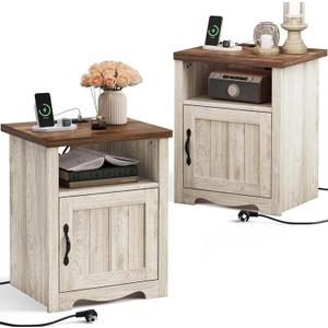 LINSY Farmhouse Night Stand Set of 2, 18.9 Wood End Table with Charging Station, Side Table for Bedroom, Living Room, Couch with USB Ports and Outlets, Nightstand with Storage, Beige