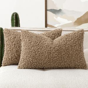 Woaboy Faux Fur Throw Pillow Covers 20x12 Inch Set of 2 Boucle Neutral Decorative Lumbar Sherpa Fuzzy Accent Soft Sheepskin Fleece Cushions Modern Home Decor for Couch Sofa Bedroom Living Room,Khaki
