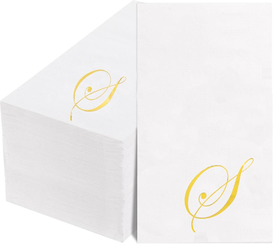 BUCLA 100PCS Gold Monogram Paper Napkins Letter S - Disposable Paper Napkins Elegant Metallic Golden Foil Gold Paper Napkin for Wedding, Birthday Party&Thanksgiving