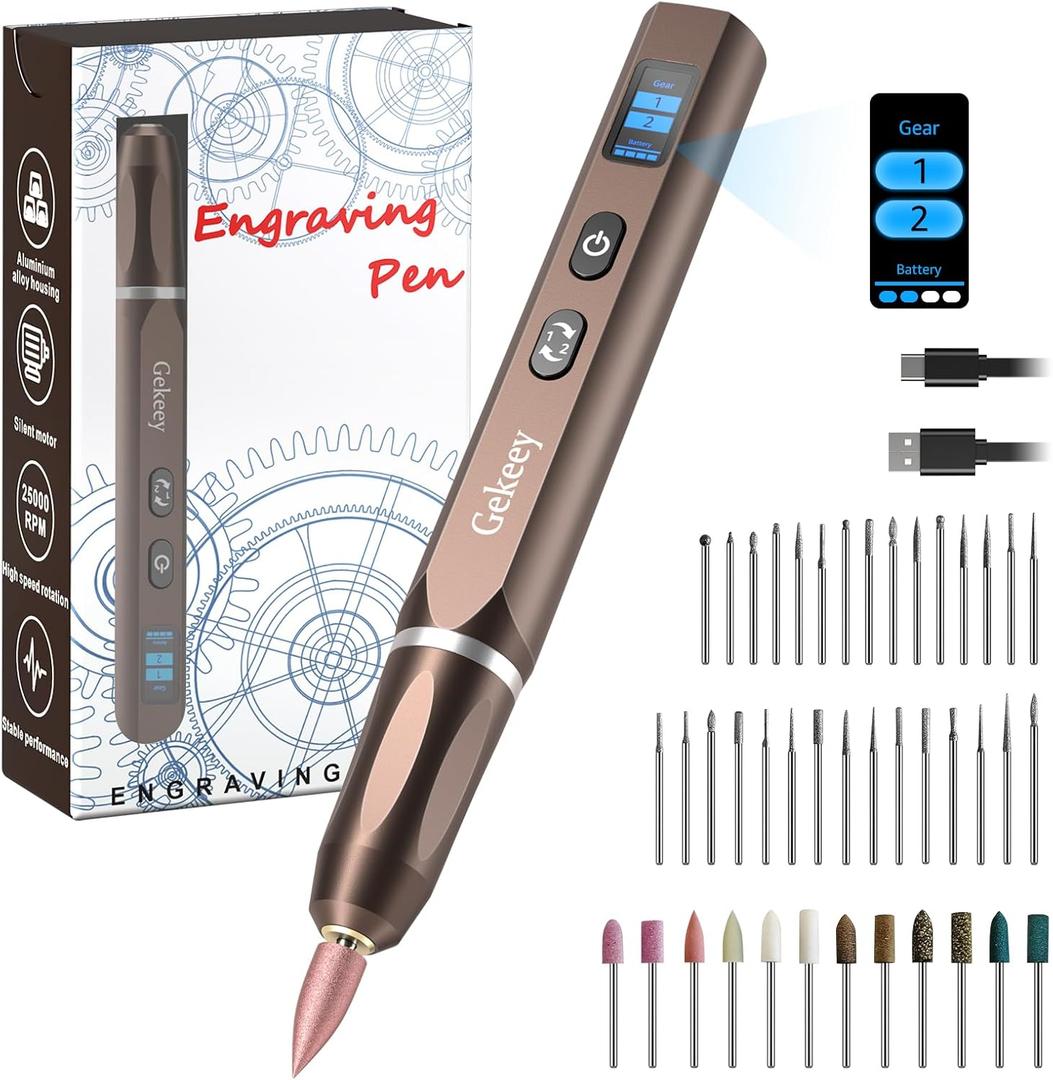 Gekeey Electric Engraving Pen, Cordless Rechargeable Mini Rotary Tool with 42 Bits, Aluminum Body, Variable Speed, Portable Engraver Pen for Metal Wood Glass and Plastic, Brown
