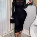 Women's Elegant Bodycon Midi Dress Lace Party Cocktail Wedding Guest Dress (Black, XL)