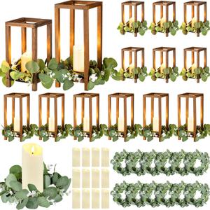 Geelin 12 Set 10.59'', 13'' Brown Wooden Lanterns for Centerpieces Include 12 Wooden Lantern 12 LED Candle 12 Eucalyptus Leaves Wreath for Wedding Baby Shower Farmhouse Table Decor