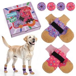 EXPAWLORER 8 Pcs Donut Dog Socks with Gift Box, Dog Boots & Paw Protectors in Winter, Dog Booties for Hardwood Floor Anti Slip, Prevent Licking Paws, Dog Shoes for Medium Senior Dogs