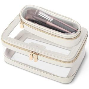 Soimeat Travel Clear Makeup Brush Bag, Leather Make up Case Toiletry Bag, Portable Cosmetic Bag Case, Transparent Waterproof Cosmetic Organizer Storage Bag for Women, Off-White 1 Pack