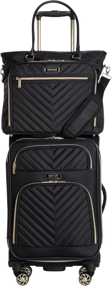 Kenneth Cole REACTION Chelsea 2-Piece Bundle - 20" Chevron Expandable 8-Wheel Carry-On Suitcase & Matching 15" Laptop Tote Bag, Black