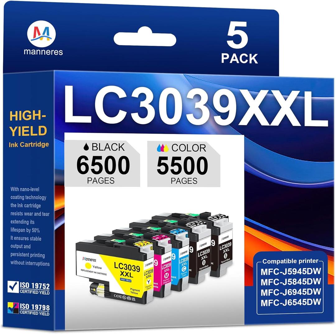 LC3039XXL Ink Cartridges 5-Pack(2BK/1C/1M/1Y) LC3039 Ultra High Yield Ink Replacement for Brother LC3039 LC3037 Work for MFC-J5845DW MFC-J5945DW MFC-J6545DW MFC-J6945DW Printer