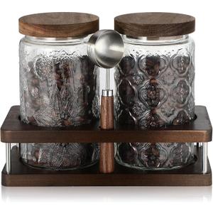 Suclain Glass Coffee Grounds Container with Shelf 2 x 34 oz Glass Coffee Bean Storage Canisters with Airtight Thread Lid and Measuring Spoon Food Storage Jars for Kitchen Sugar Nut