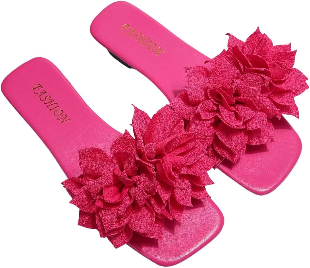BEAUDRM Women's 3D Floral Flat Sandals Dressy Square Open Toe Sandals Single Band Casual Slip on Slides Hot Pink 9.5