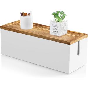 Large Cable Management Box, Wooden Cord Organizer Box for Under Desk TV Computer Router USB Hub to Cover and Hide Extension Cords Power Stripes Surge Protectors Chargers Wires, White