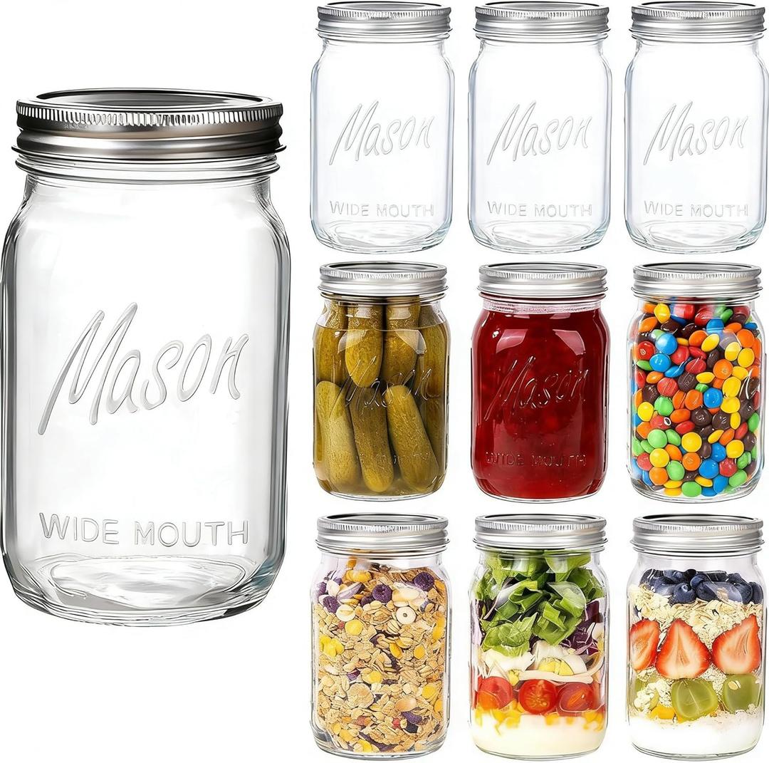 WELLIFE Wide Mouth Mason Jars, 12 Pack Mason Jars 32 oz for Pickling, Canning, Fermenting and Food Storage, Microwave & Dishwasher Safe