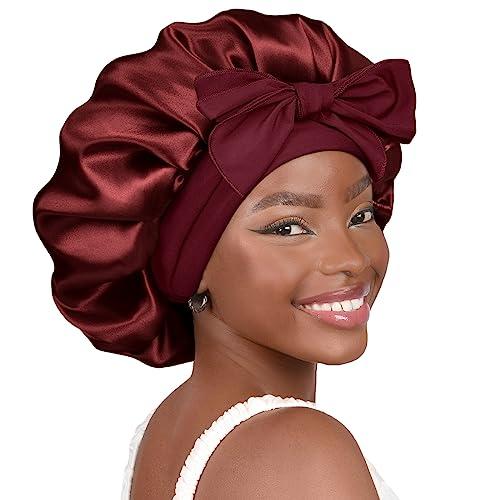 YANIBEST Adjustable Satin Bonnet for Sleeping Women Double Layer Hair Wrap Reduce Friction Prevent Frizz Natural Curly Hair, Burgundy