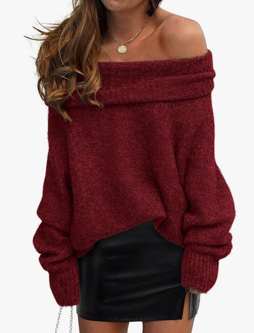 PRETTYGARDEN Women's Off The Shoulder Sweater Long Sleeve Tops 2026 Fall Loose Knit Pullover Sweaters Winter Clothes, Red, L