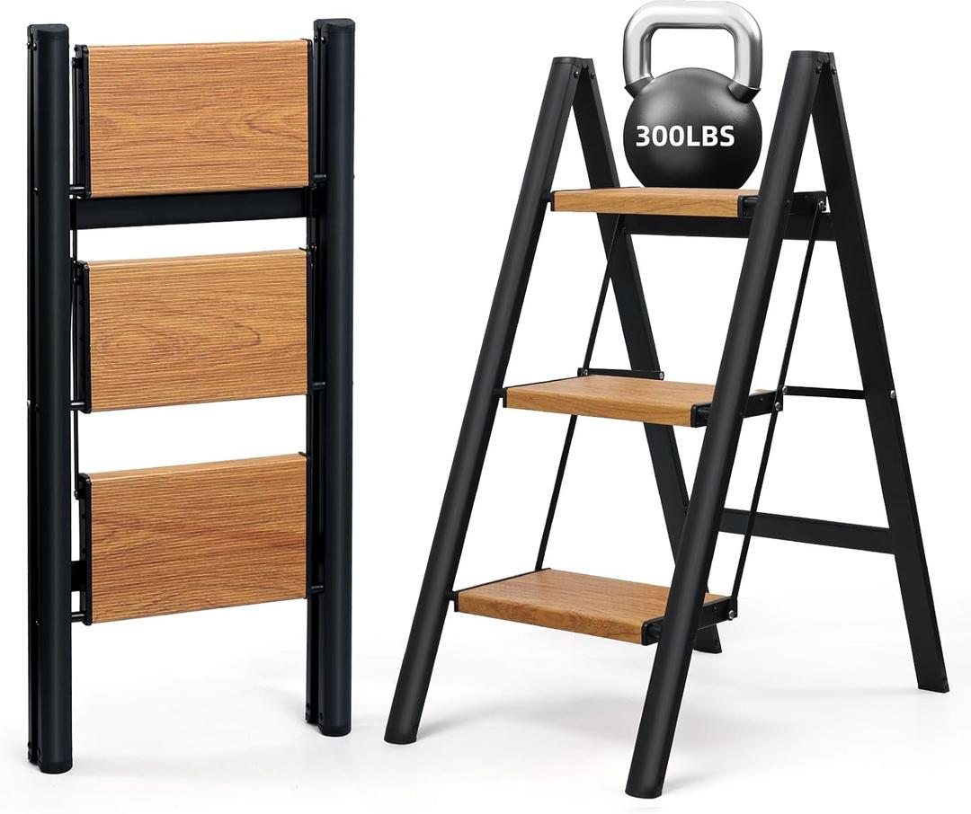 3 Step Ladder, Anti-Slip and Lightweight Foldable Step Ladder for Adults & Kids to Use in Kitchen,Closet and Library,300lbs(Black+Woodgrain)