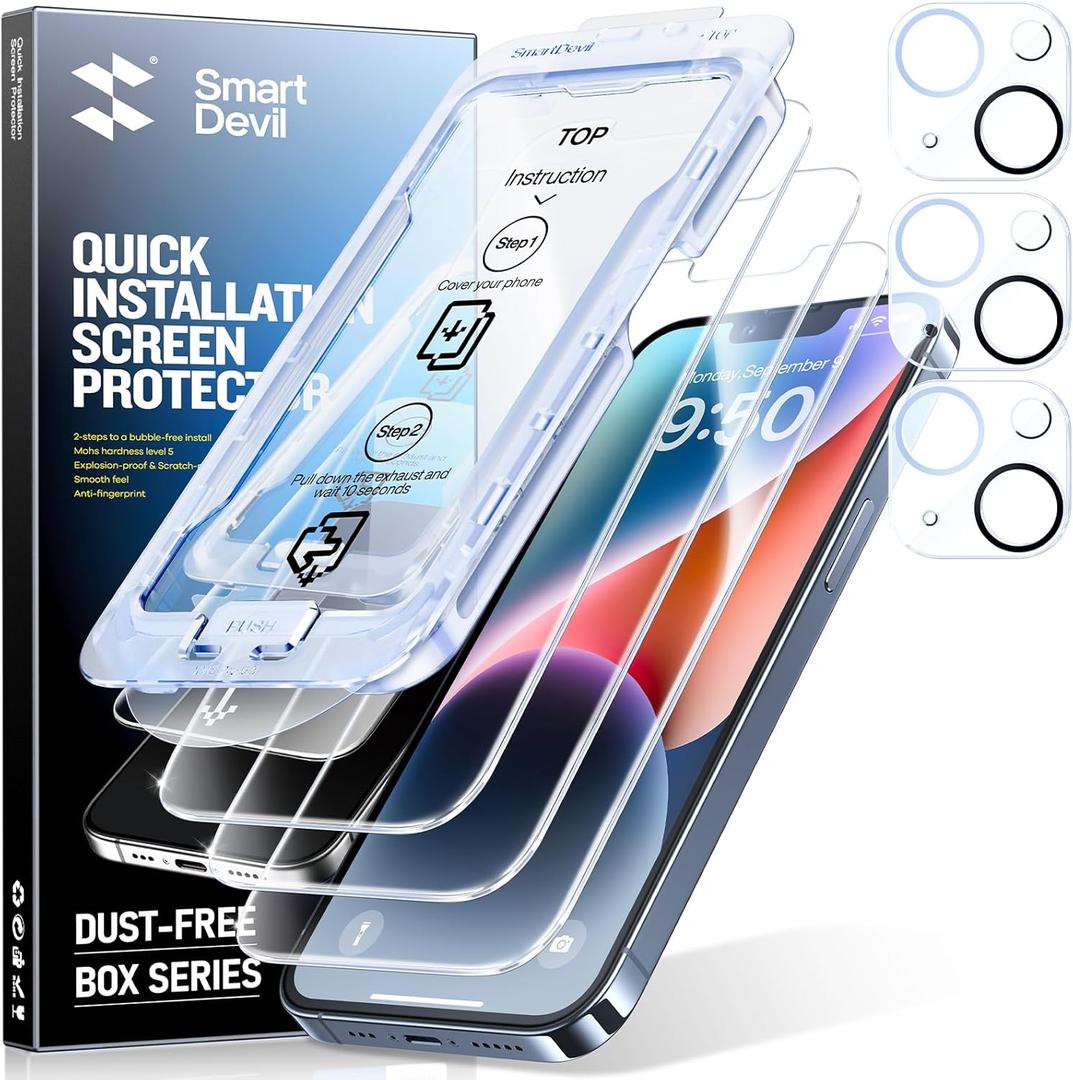 SMARTDEVIL 3-Pack Screen Protector for iPhone 14 Plus with 3-Pack Camera Lens Protector, Clear 9H Tempered Glass Film, Super Fast Installation (Dust-Free & Bubble-Free), Alignment Tool